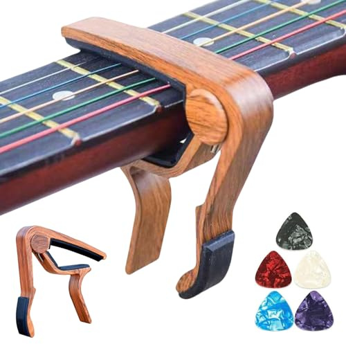 Eabdice Cejilla de Guitarra para Electrica, Cejilla Guitarra Española, Acústica Folk Ukelele Bajo Guitar Aleación de Aluminio Guitar Capo con 5 Púas de Guitarra, Madera Color.