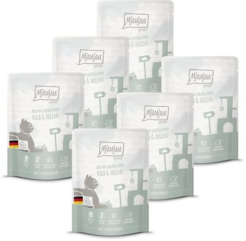 MjAMjAM - Nourriture humide premium pour chats - Quetschie - DUO d'excellent veau & hareng, paquet de 6 (6x300g), sans céréales