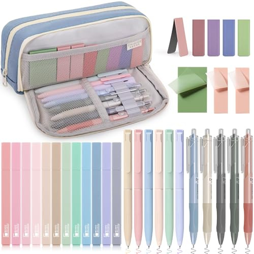 COZCLAM 32pcs Set Cancelleria Aesthetic con Blu Astuccio, 12 Evidenziatori Pastello, 6 Penne Colori, 5 Penne Nero, 5 Segnalibri Magnetici, 3 Note Adesive, Set Scuola Cancelleria Materiale Scolastico