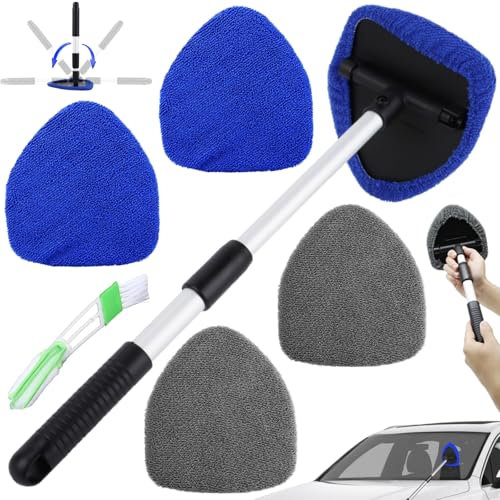 Liekadijiae 6 Pièces Nettoyer de Pare-Brise Extensible, Outil de Nettoyant de Pare-Brise à 180 ° Réglable, Nettoyant pour Pare-Brise avec 4 Tampons en Microfibre et 1 Brosse pour Climatiseur