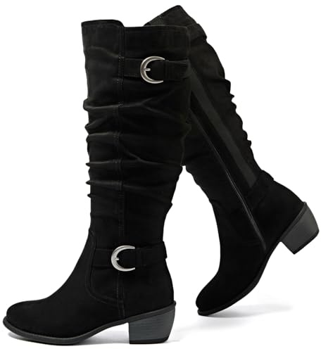 Luoika Damen Extra Breite Wade Kniehohe Stiefel Weite Slouchy Kniehohe Stiefel Niedriger gestapelter Absatz Winter Herbst Übergröße Stiefel, Blackmf 102, 9.5 X-Wide