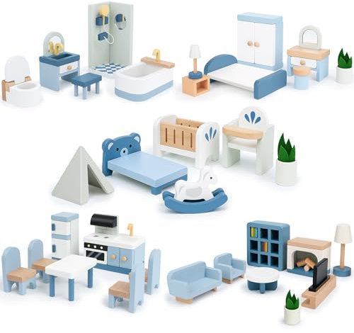 Juego de muebles de madera para casa de muñecas, 32 piezas, accesorios y muebles Sanlebi, muebles en miniatura con 5 kits de habitaciones, juguete de simulación para niños y niñas de 3 años en adelant