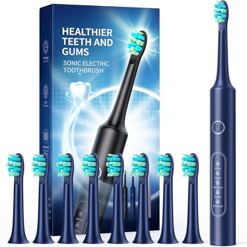 Electric Toothbrushes with 8 Replacement Brush Heads and 5 Brushing Modes,40,000vpm,Electric Toothbrush for Adults and Kids with 60 Days Battery Life,2 Minute Smart Time(Blue)