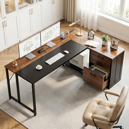AODK 61 L Shaped Office Desk with Wood Drawers & Lockable File Cabinet, Reversible 21.7 D Corner Computer Desk with Built-in Power Outlets, Executive Desk for Home Office, Walnut