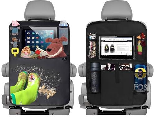 Zliger 2 piece Car Seat Protector, Backrest Protector Kids with Tablet Compartment, Waterproof Tarpaulin Kick Mat Protection for Car Seat Back with Multi-layer Storage Bag