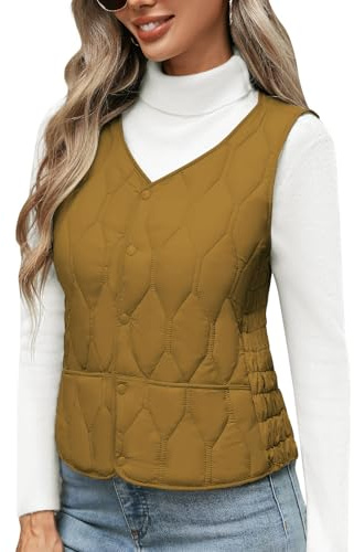 Yuson Girl Gilet for Women UK Sleeveless Short Fleece Jacket Autumn Winter Warm Quilted Gilet Casual V-Neck Ladies Gilets Bodywarmer Lightweight Vest Transition Jacket Waistcoat(Mustard yellow, M)