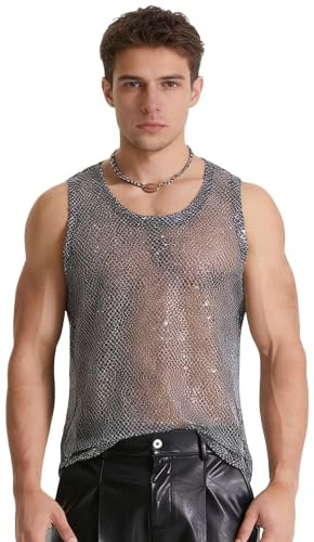 Freebily Camiseta Sin Mangas De Malla Transparente con Lentejuelas Brillantes para Hombre Crop Top Gimnasio