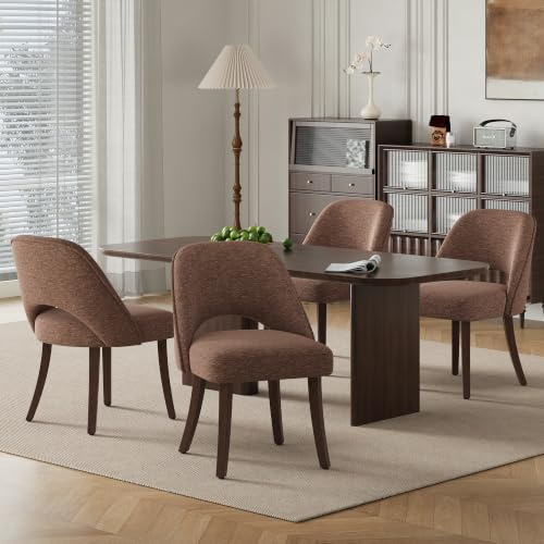 MALOL Lot de 4 chaises de Salle à Manger rembourrées en Tissu, Pieds en Bois Massif, Dossier incurvé et Assise épaisse en Mousse Haute densité, Moderne pour Cuisine et Salle à Manger, Marron Clair