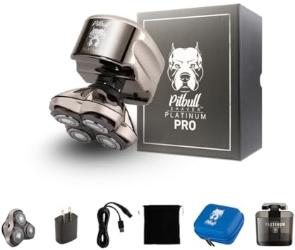 Skull Shaver Pitbull Platinum Pro - Electric Razor for Men - Cordless, Rechargeable, Wet/Dry, Ergonomic for Bald Head Shaving - with Rinse Stand & Travel Case - with Bonus Blade