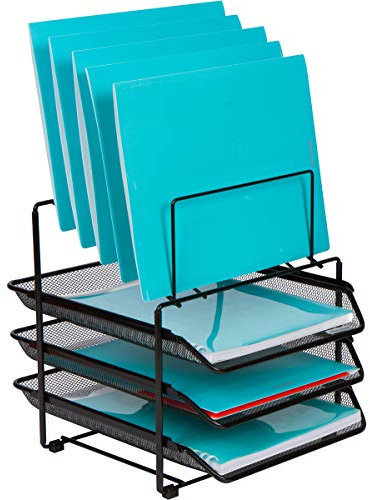 Schreibtisch-Organizer & Aufbewahrung in Netzoptik – Büroorganizer mit 3 herausschiebbaren Papierfächern und 5 vertikalen Aktenfächern, Papierfach aus Stahl in Netzoptik zur Schreibtischorganisation