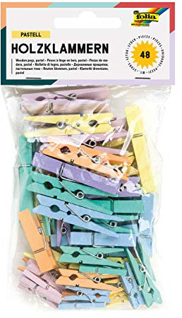 folia 2289 - Holzklammern pastell, 48 Stück, in 3 verschiedenen Größen und 6 verschiedenen Farben, ideal zum Befestigen von Notizen, Bildern oder für kreative Arbeiten