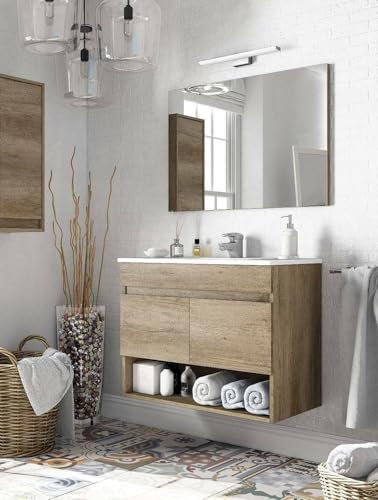 Dmora - Mobile sottolavabo Shreveport, Mobiletto per bagno a 2 ante, Armadietto sospeso con ripiano e specchio, lavabo non incluso, 80x45h64 cm, Quercia