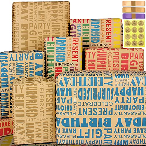 Set med kraftpapper för present med band och klistermärken, återvunnet presentpapper, naturligt brunt, för att förpacka presenter, för kvinnor, män, flickor, pojkar, 5 ark (inte rulle)