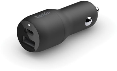 Belkin 37W Dual Port Fast Car Charger, USB Type C 25W PPS and USB A 12W for Samsung Galaxy S23, S22, Ultra, 5G, Plus, Note 20, iPhone 14, 13, 12, Pro, Max, Mini & More - Black 12 Volts