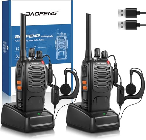 Baofeng Walkie Talkie PMR446 Senza Licenza, Antenna Non Rimovibile, 16 canali Walkie-talkie professionali ricaricabili a lungo raggio con base per caricabatterie USB e auricolari (2 pezzi)