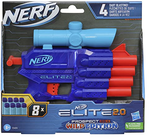 Nerf ELITE 2.0 Prospect QS-4 Blaster, Wild-Edition Farbdesign, 8 Nerf Elite-Darts, 4-Dart Blasting, Targeting Scope, Pull Back Priming
