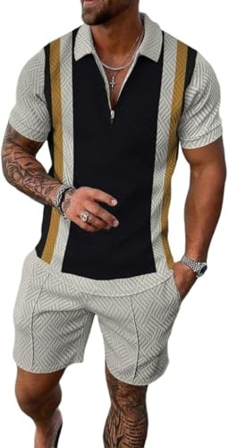 WFIAOUESS Men's Short Sets Outfits 2 Piece Summer Tracksuit Short Sleeve Zip Polo Shirt and Shorts Set, B8, XL