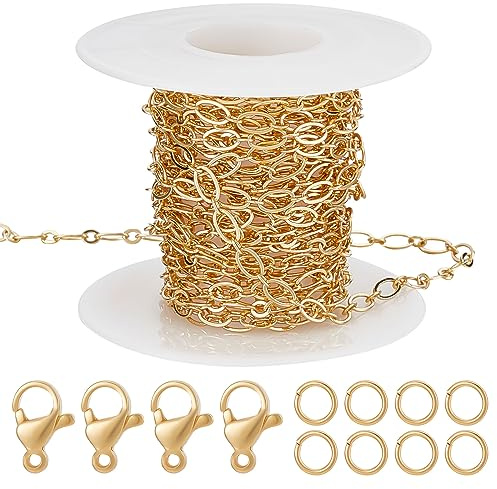 Beebeecraft Catene A Maglie Ovali da 5 m Catene A Graffette Placcate in Oro 18K per La Creazione di Gioielli con 20 Chiusure A Moschettone e 50 Anelli di Salto per Collane Bracciale Forniture