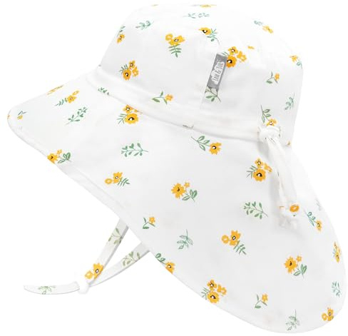 Jan & Jul Verstellbarer Neugeborenen Sonnenhut mit breiter Krempe für Mädchen Vollschutz (S: 0-6 Monate, Yellow Flower)