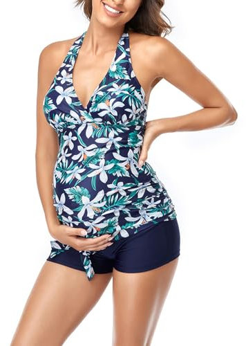 Daysskk Tankini för gravida kvinnor tvådelad baddräkt graviditet mammabaddräkt nackhållare kvinnor S–XXL, Grön, S