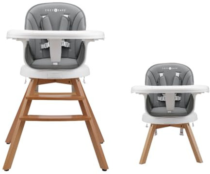 Cozy N Safe 360° Drehfunktion Babyhochstuhl - 6-36 Monate | 3-in-1 Multifunktional | Abnehmbares Doppeltablett | 5-Punkt-Sicherheitsgurt | Buchenholzbeine | PU-Oberfläche Grau