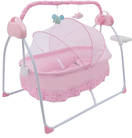 Queeucaer Babywippe,Automatische Elektrische Baby Wiege,Babywippe Bluetooth-Schaukelstuhl,BluetoothSchaukel Mit Musik,U-förmiges Kissen, für Babys Zwischen 0 und 24 Monate,5 Gänge einstellbar,Rosa