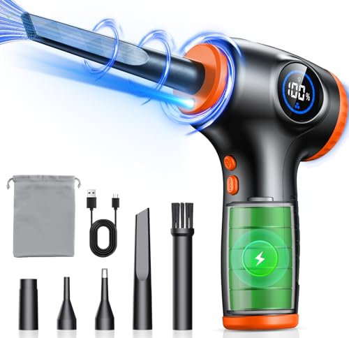 EOIWUY Compressed Air Duster for PC, [LED Light & Power Display] 3-Speed Adjustable 90000RPM Electric Air Duster with 5 Switchable Nozzles, Rechargeable Air Blower Cleaner for Computer/Keyboard/Car