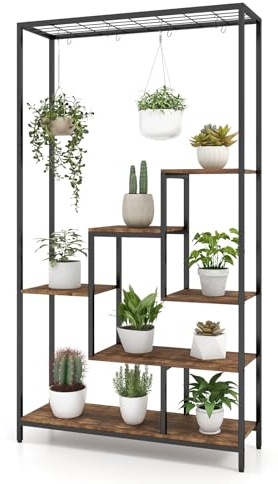 HOMASIS Pflanzenregal groß, Blumenregal mit 6 Etagen, Pflanzenständer mit 10 Haken & Gitter, Blumenständer aus Metall, Blumentreppen Mehrzweckregal für Wohnzimmer, Balkon, 100x30x180cm (Vintage-Braun)