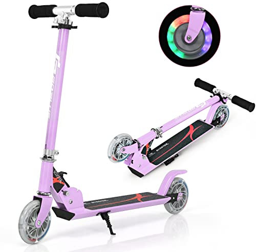 KOMFOTTEU Kinder Scooter mit LED Rädern, Kinderroller höhenverstellbar & Klappbar, Kickscooter Cityroller aus Aluminium, Tretroller kinderscooter für Kinder ab 4 Jahre (Lila)