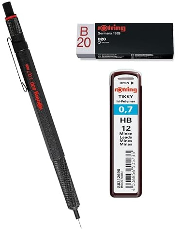 rOtring Lot de 600 porte-mines | 0,7 mm | Corps entièrement métallique corps hexagonal | HB 0,70 mm (12 mines) | Gomme B20