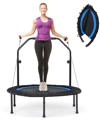 LIFEZEAL Faltbares Fitnesstrampolin Ø101cm, Springer mit Sicherheitsstange & 2 Widerstandsbänder, Trampolin für Erwachsene & Kinder mit verstellbaren Höhe, Belastung 150 kg (Blau)