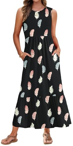 AUSELILY Robe Longue Femme Ete sans Manches Robe de Plage Legere Fluide Maxi avec Taille Empire Poches Plumes Colorées XXL
