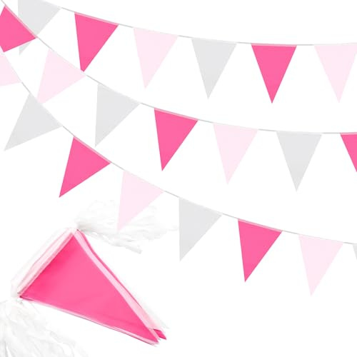 Lot de 80 fanions en tissu imperméable pour extérieur, jardin, fête, fête des mères - Rose et blanc - 40 m
