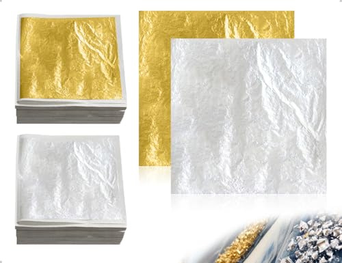 AOYEGIC 100 Blätter Blattgold,Imitation Goldfolie zum Basteln,verwendet für Malerei,Nägel,Kunst Projekt,Handwerk Dekoration,DIY Resin Kreation(Gold und Silber)