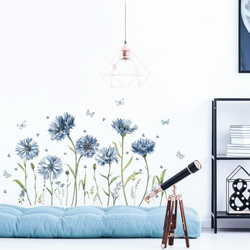 SHUCHING Pegatinas de Pared Flor Azul, Vinilos Decorativos Flores, Adhesivos Pared para Salon Baño Dormitorio Habitación Oficina