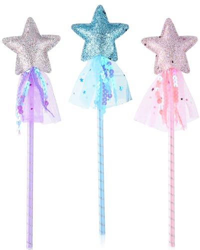 Cobee 3 Styck Stjärn Trollstav, Prinsessa Trollstav Glitter | Prinsessa trollstavar fe Magic vägg för födelsedag party festivaler maskbollar (rosa, blå, lila)