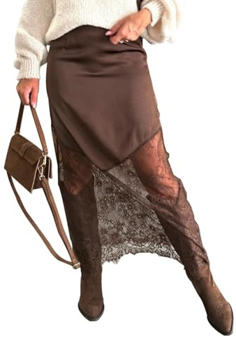 yssgtt Women's Lace Patchwork Long Skirts High-Waisted Irregular Hem Floral Lace Y2K Flowy Maxi Skirts Brown
