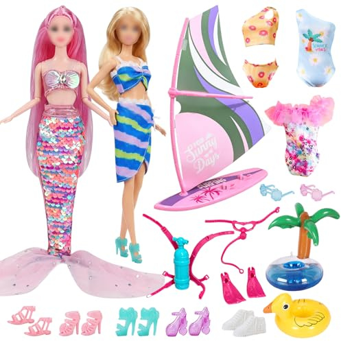 16 Pcs Doll Clothes and Accessories Set Compatible with Barbie Mermaid Themed Sequinned Dress 4 Swimwear Set Sailing Boat Surfboard Diving Kit 5 Shoes 2 Swimming Ring 2 Sunglasses for Kids Girls Gift