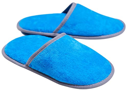 Sowel® Spa tofflor av velour frotté utan silikonnoppar, hotelltofflor, 100 % ekologisk bomull, kvinnor och män, en storlek, stängda, blå/grå, blå grå, Einheitsgröße