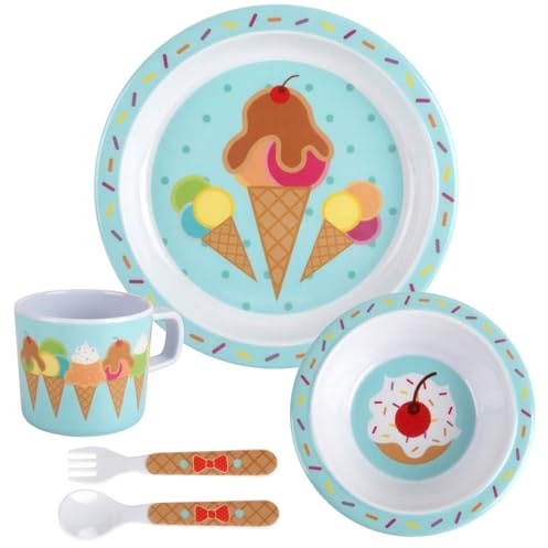 Bentology 5 Pc Mealtime Set for Kids - Ice Cream Theme - Includes Raised Edge Plate & Bowl, Cup, Fork & Spoon- Dishwasher Safe, BPA Free- Cute Dish, Easy Self-Feeding- Easter Basket Gift for Toddlers