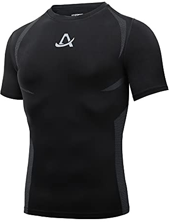 AMZSPORT Kompressionströja för män, kortärmad sportskjorta, snabbtorkande löpartröja, funktionell skjorta, 112018-svart, M