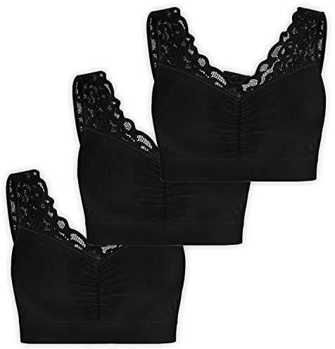 UnsichtBra Lot de 3 bustiers, avec dentelle fine, soutien-gorge pour femme, sans armatures, doux, brassière d'allaitement pour dormir, 3 x noir., L
