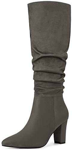 Allegra K Women's Slouched Pointed Toe Chunky Heel Knee High Boots Grey 5 UK/Label Size 7 US