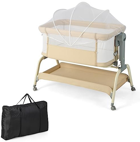 DREAMADE 3 in 1 Baby Beistellbett, 90 × 55cm Reisebett mit Matratze, Moskitonetz & 4 Rädern, 6-stufig-höhenverstellbar Stubenwagen mit Neigung, Babywiege für Säuglinge 0-6 Monate (Beige)