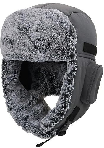 Winter Men Women Trapper Hunting Bomber Hat Warm Elmer Fudd Fur Cadet hat with Visor Ear Flaps Dark Grey