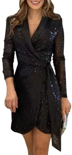 Minetom Femme Élégante Col en V Manches Longues Robe Paillettes Mini Robe de Soirée Mariage Cocktail Chic Cérémonie Robes A Noir XL