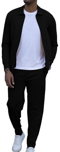 KUYIGO Set tuta da uomo in 2 pezzi, con felpa a maniche lunghe e pantaloni a righe, con zip integrale, top e fondo in maglia a nido d'ape, casual, pullover, abbigliamento sportivo, giacca da golf