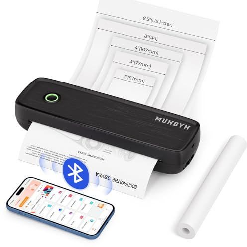 MUNBYN Mobiler Drucker Bluetooth Thermodrucker A4 203DPI Inkless Printer Kompatibel mit Android & iOS für Handy & Laptop, Unterstützt 210x297mm A4 Thermopapier, Tragbarer Drucker, ITP04, Schwarz