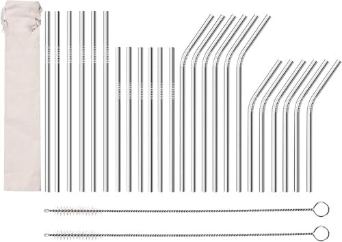 24er Metall Strohhalm Wiederverwendbar Trinkhalme Edelstahl Metallstrohhalm im Stoffbeutel mit 2 Reinigungsbürsten MEHRWEG