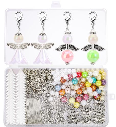 Draupnir 60 Sets Schutzengel Anhänger Basteln Perlen, Schlüsselanhänger Selber Machen, Engel Charme Schutzengel Bastelset für DIY Charms Anhänger, Hochzeit, Taufe, Weihnacht (Weiß, Farbig)
